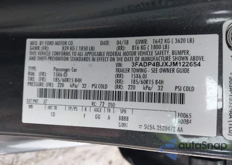 2018 Ford Fiesta Se из США, поврежденный, VIN 3FADP4BJXJM122654